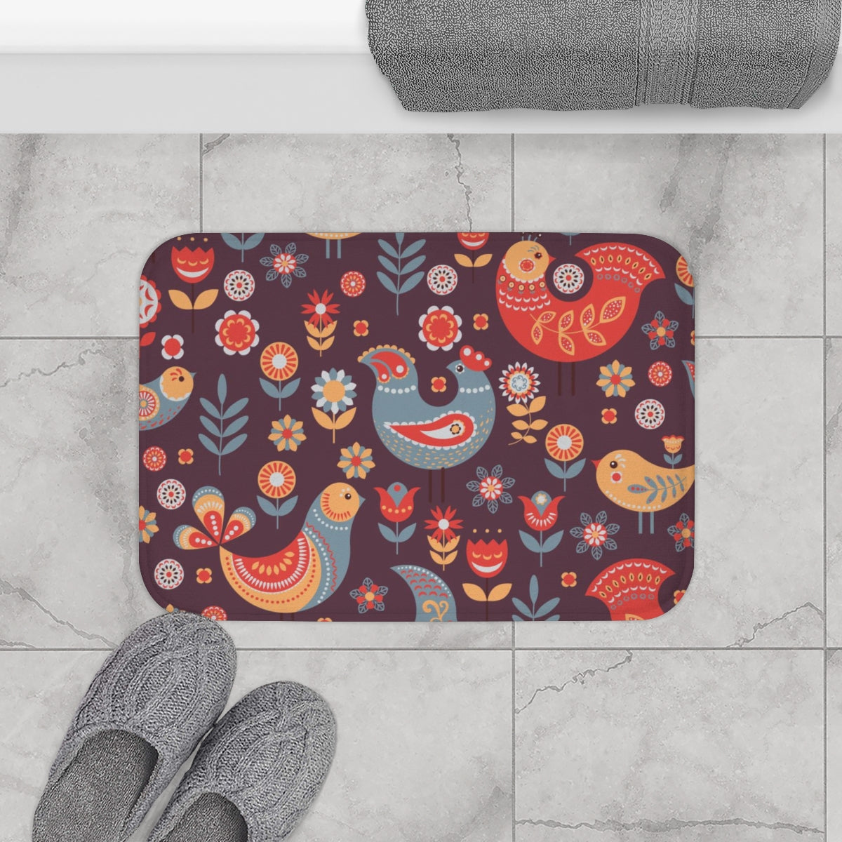 Christmas Bath Mat | Burgundy Gray Red Nordic Birds