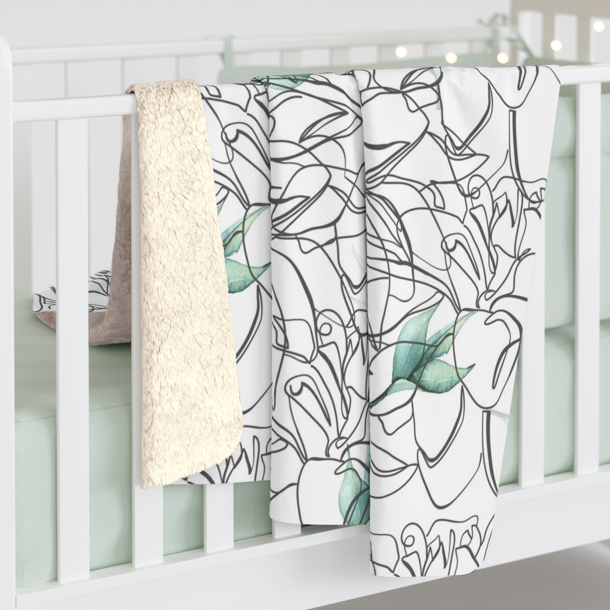 Floral Blanket | Black White Line Art Green