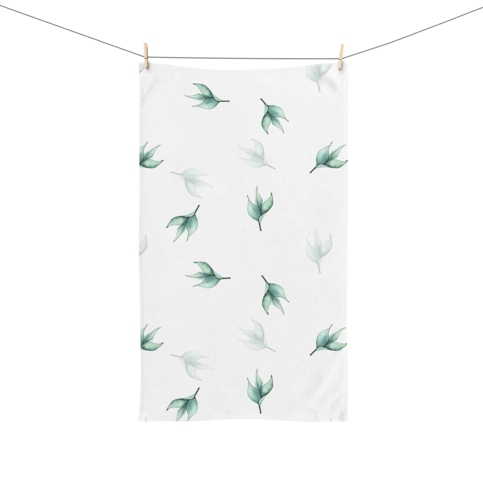 Floral Boho Kitchen, Bath Hand Towel | Sage Green Leaves, White