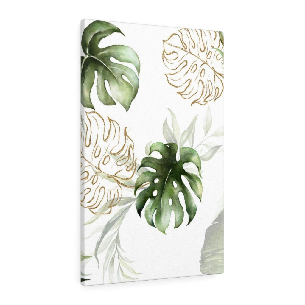 FLORAL WALL CANVAS ART | White Green Gold Tropical Leaves