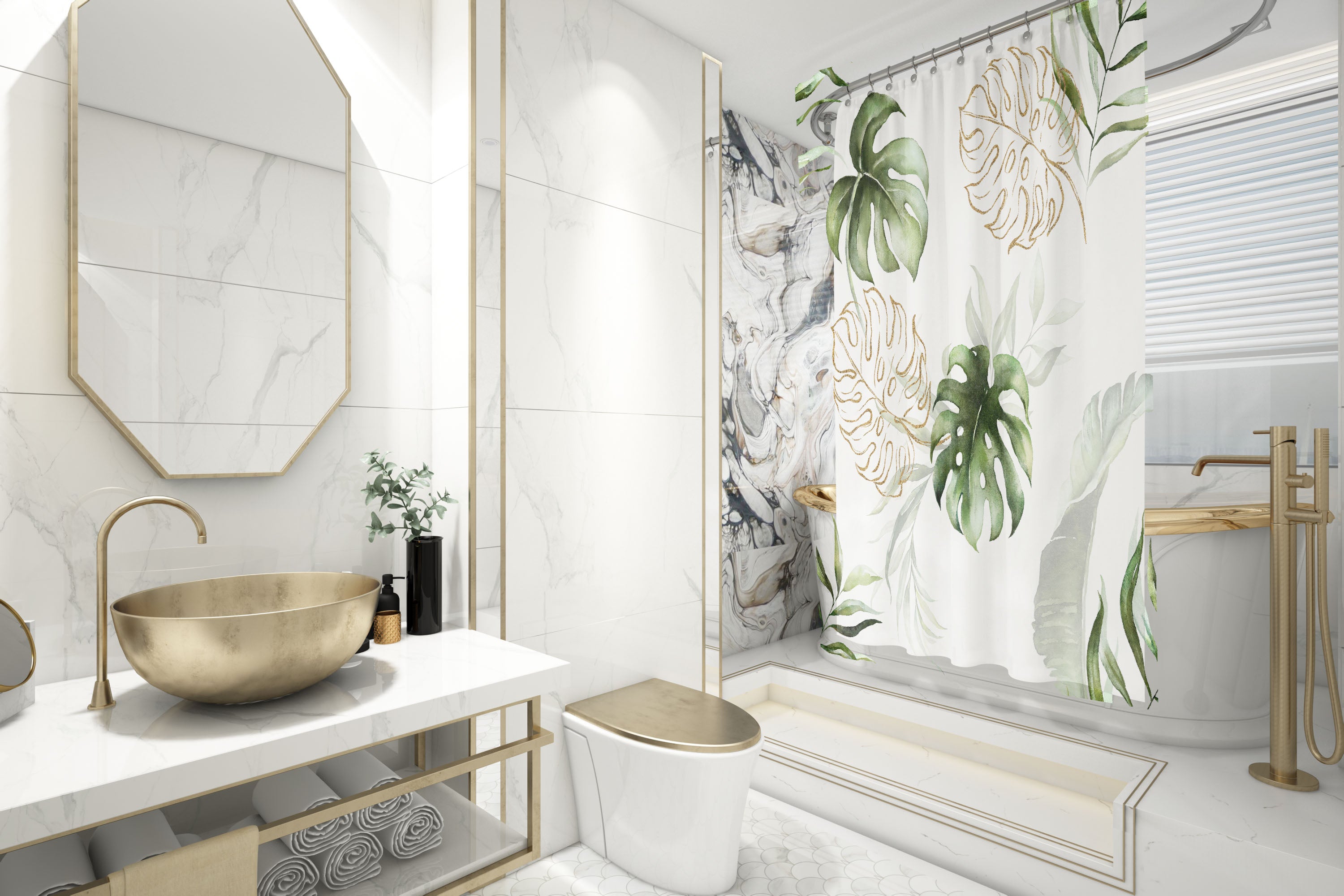 Green White Gold, Monstera Leaves Shower Curtain