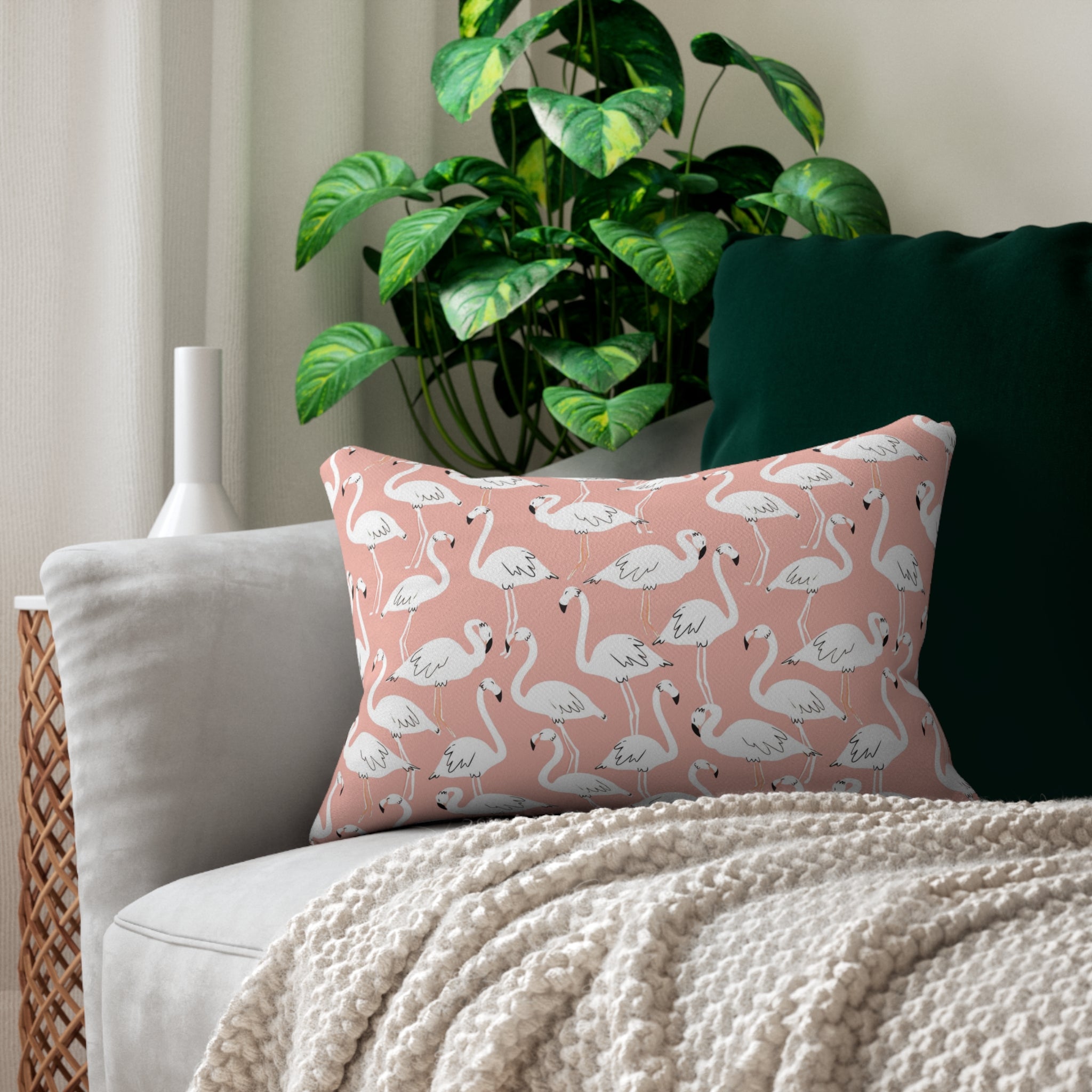 Boho Lumbar Pillow | White Blush Pink Flamingo