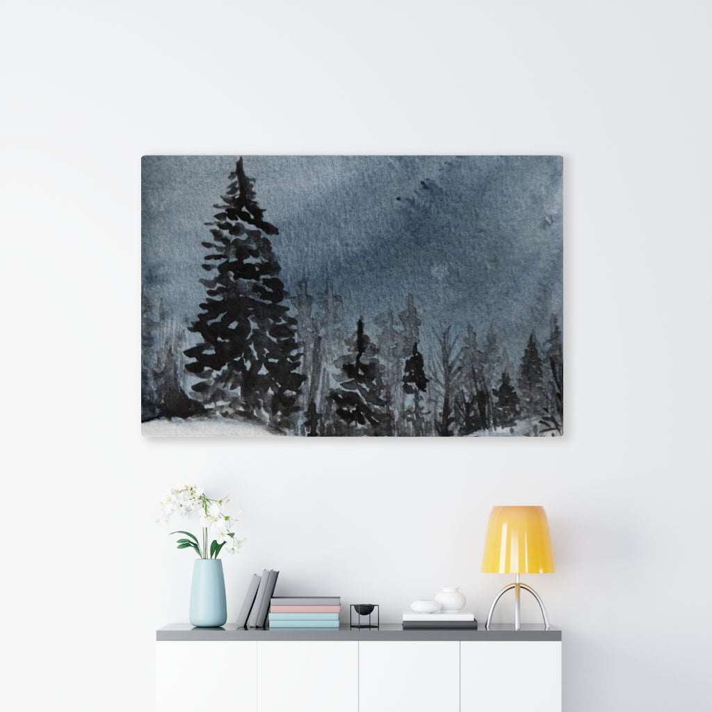 FLORAL WALL CANVAS ART | Navy Blue Winter Night Forest