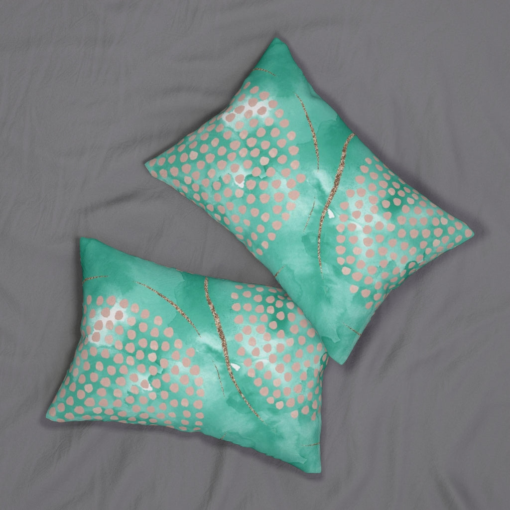 Abstract Boho Lumbar Pillow | Green Pink Dotted
