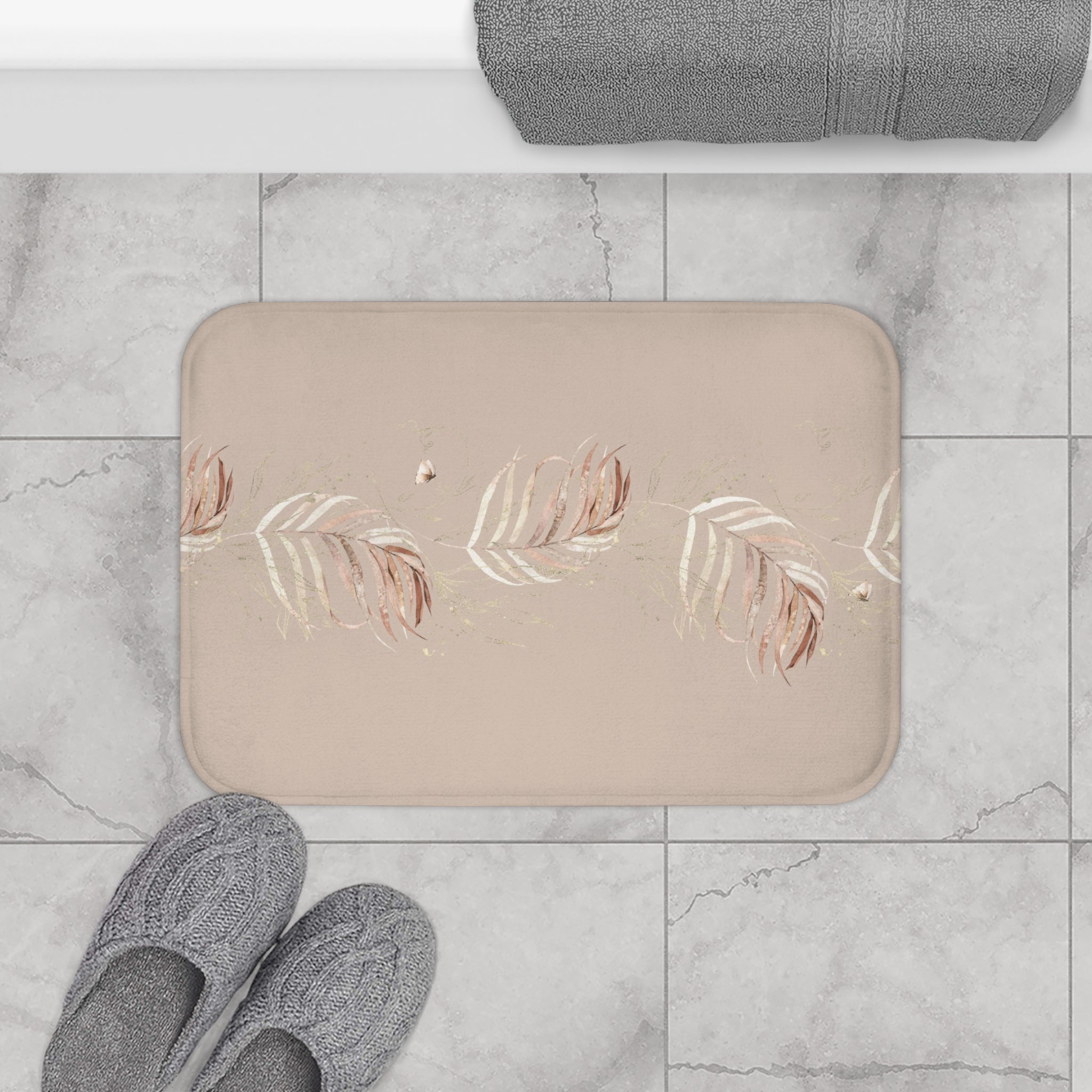 Floral Boho Bath, Kitchen Mat, Rug | Blush Beige, Monstera Jungle Leaves