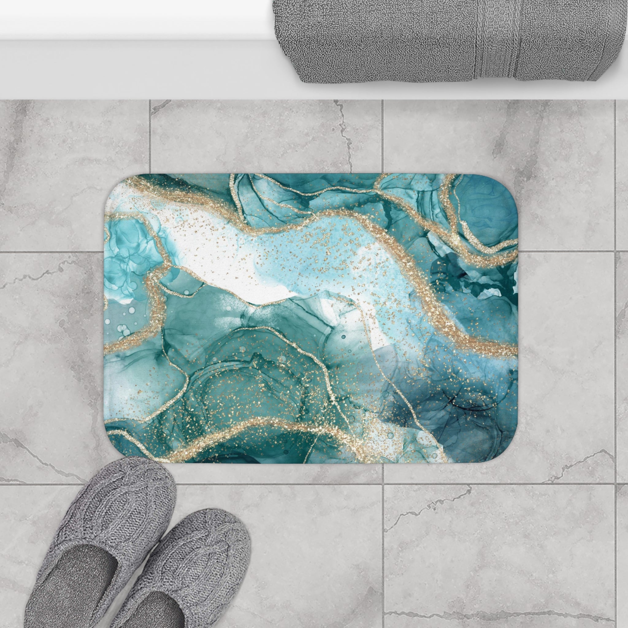 Liquid Ink Bath Mat | Teal Non Foil Gold