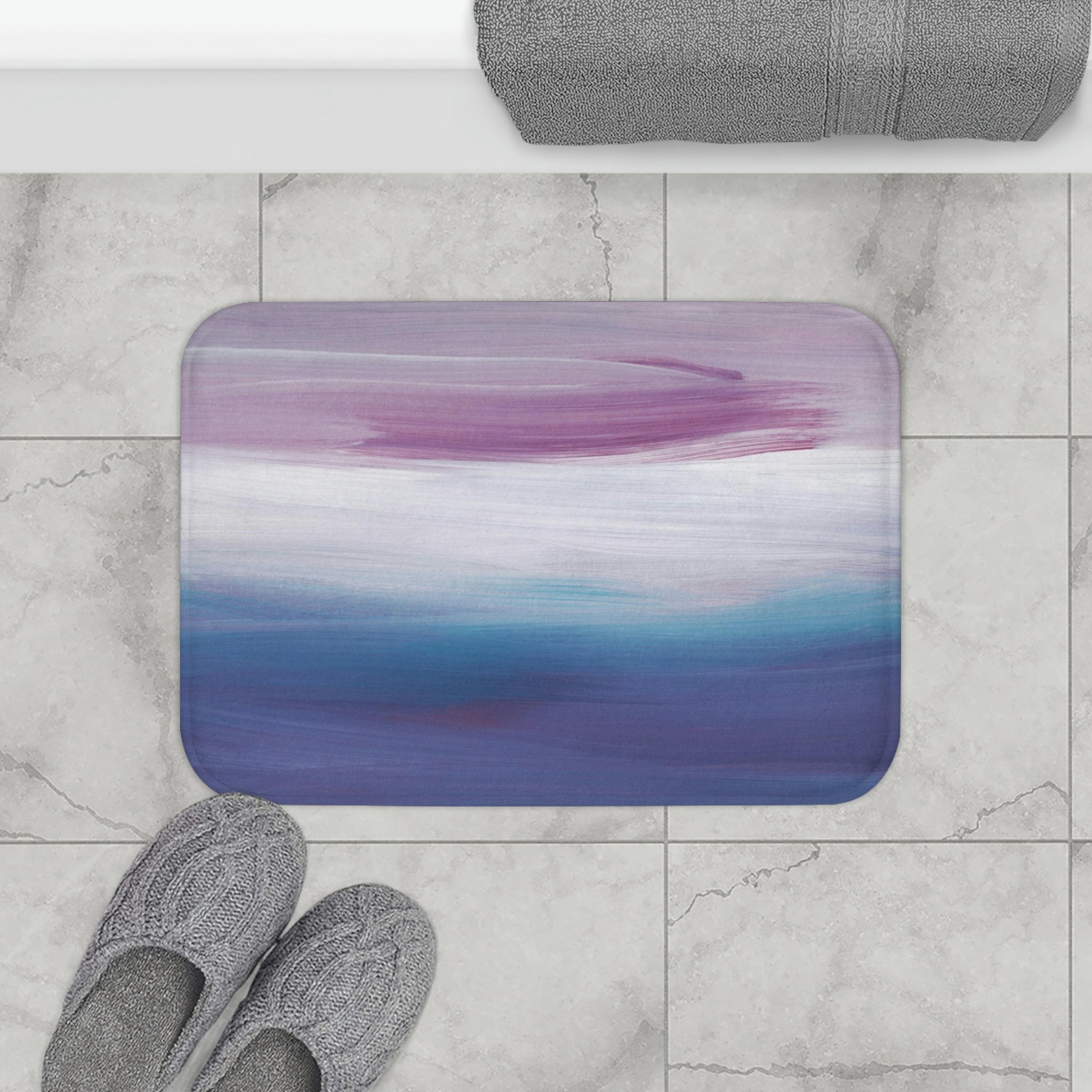 Boho Abstract Bath, Kitchen Mat | Navy Blue Lavender Purple