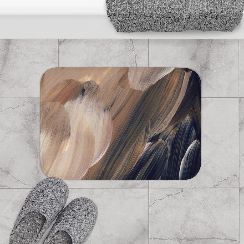 Cute Boho Bath Mat | navy blue beige | abstract brush strokes