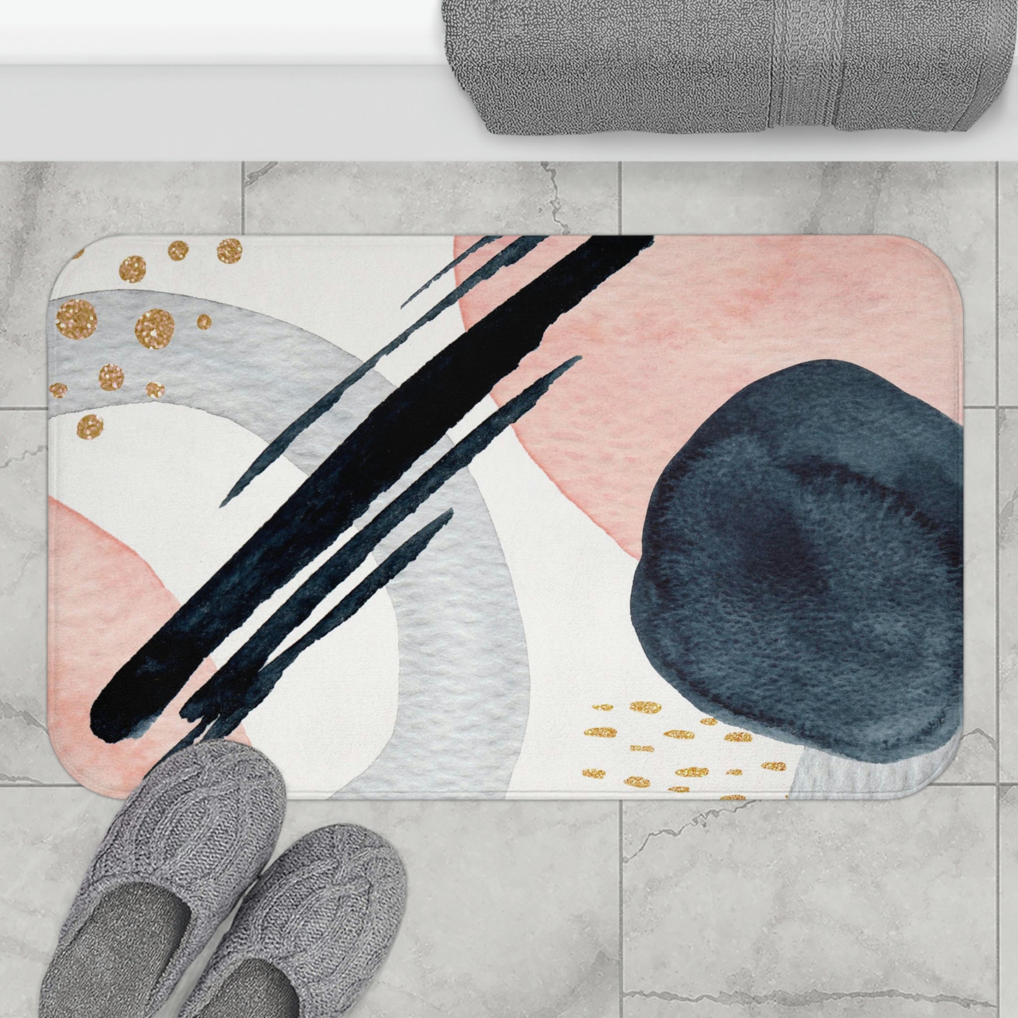 Abstract Bath, Kitchen Mat | Blush Pink, White, Navy Blue