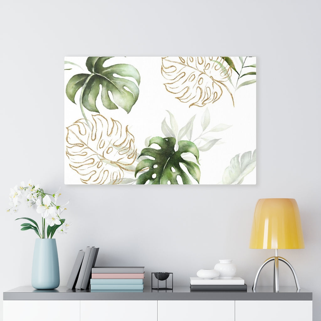 FLORAL WALL CANVAS ART | White Green Gold Tropical Leaves