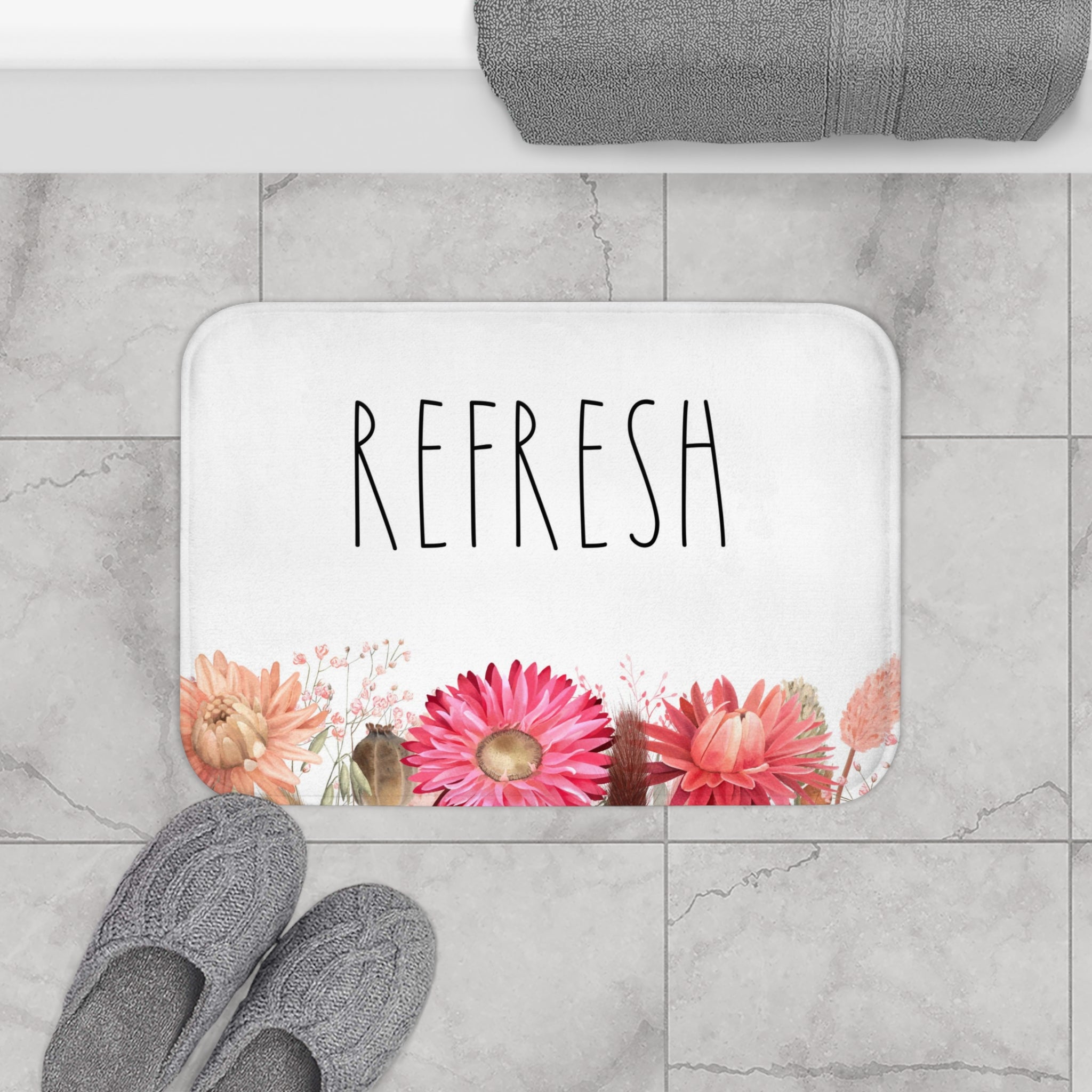 Bath Kitchen Mat Floral White Refresh front view