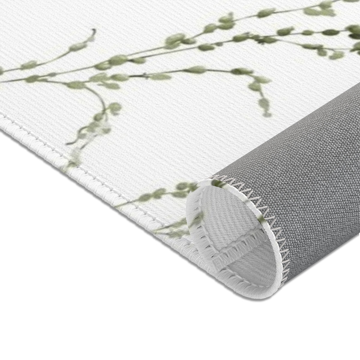 Floral Area Rug | White Delicate Green Leaves