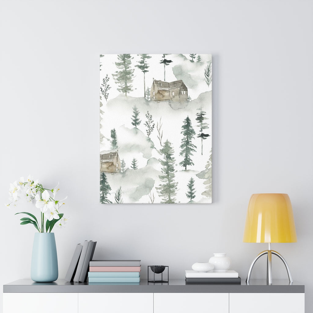 FLORAL WALL CANVAS ART | Green White Brown Forest Cabin