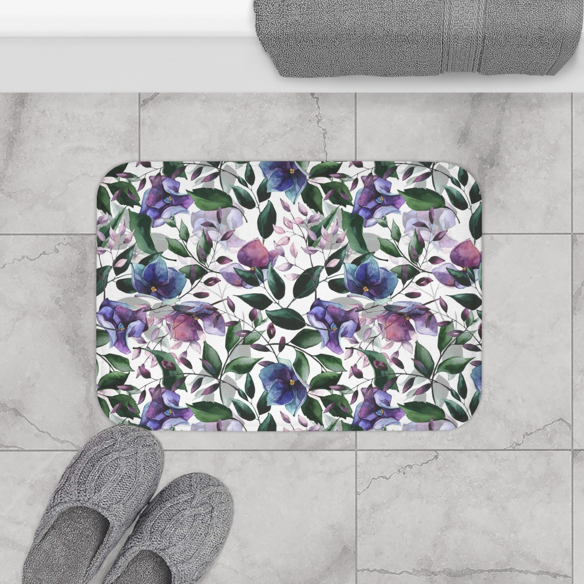 Floral Boho Bath, Kitchen Mat, Rug | Lavender Blue Pink, Green Jungle