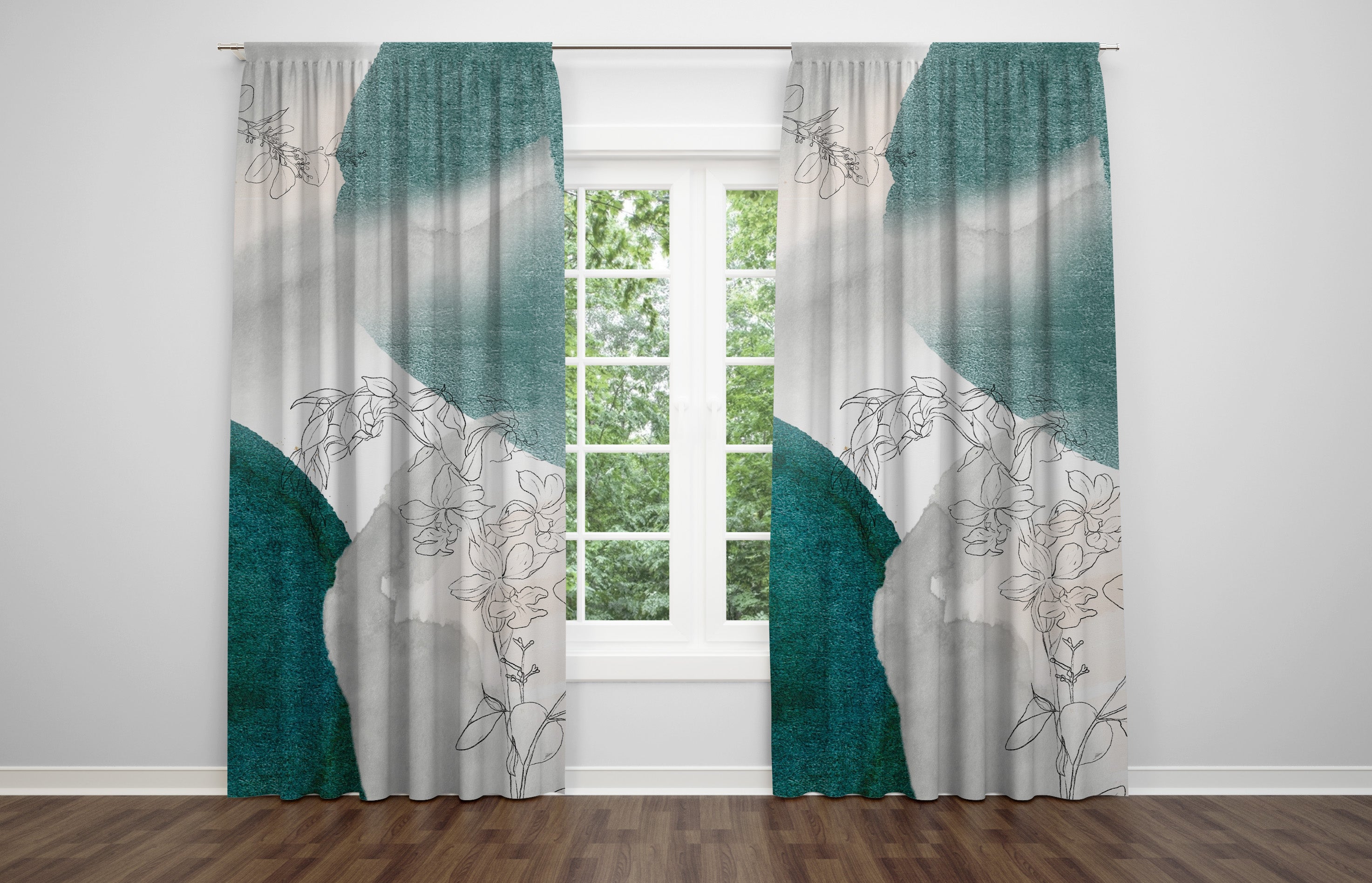 Abstract Window Curtains | Forest Teal Green