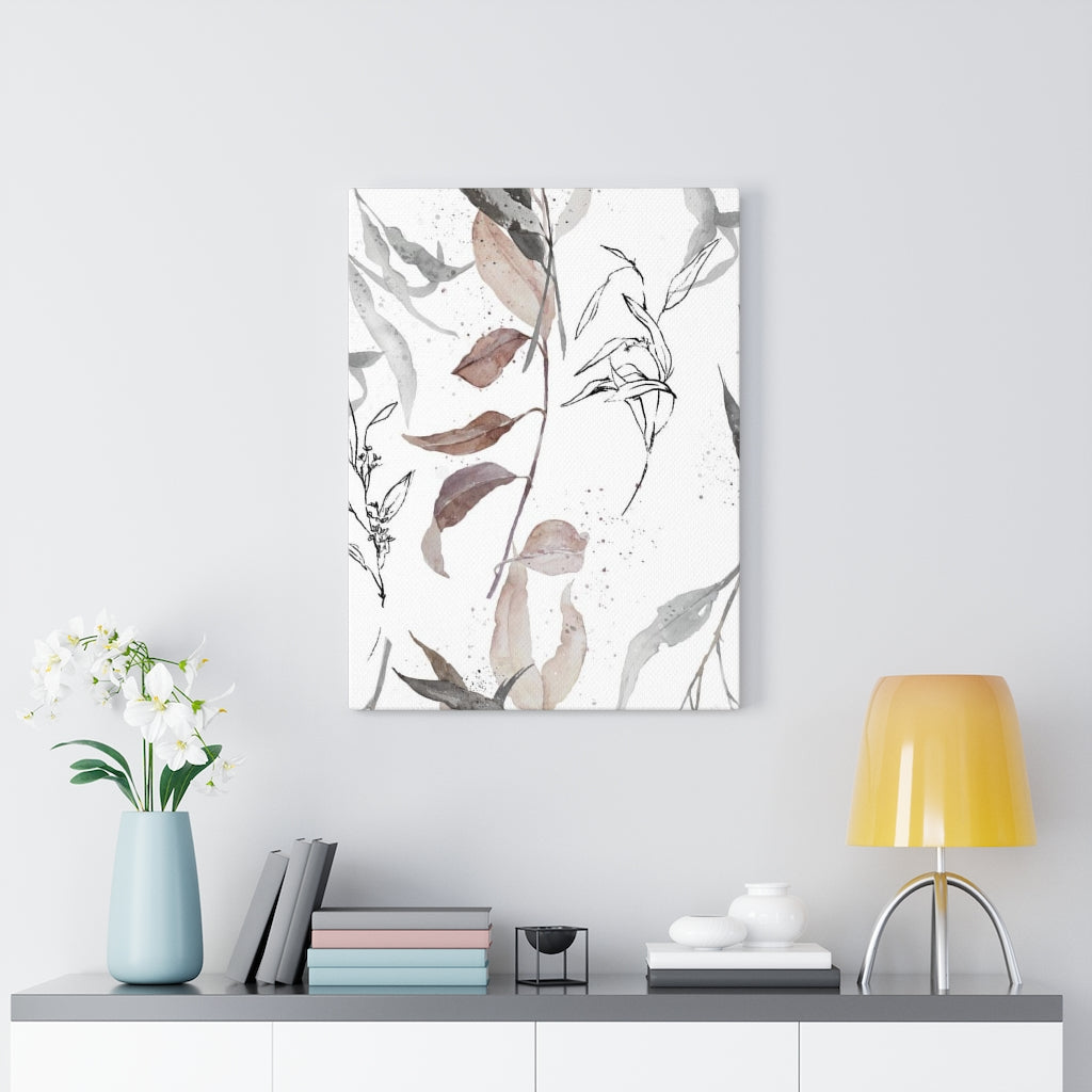 FLORAL WALL CANVAS ART | White Beige Grey Leaves