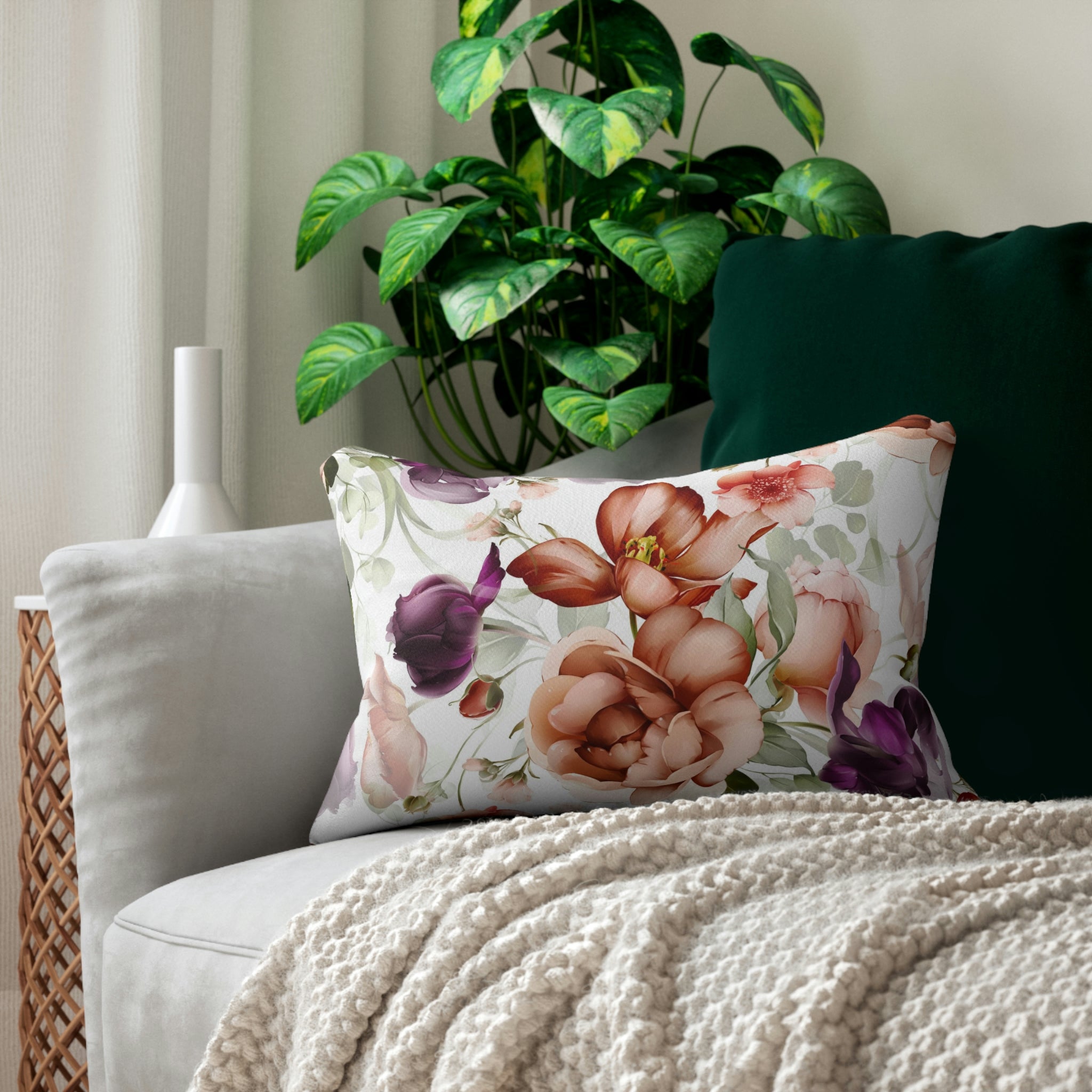 Floral Lumbar Pillow | Rust Orange, Purple