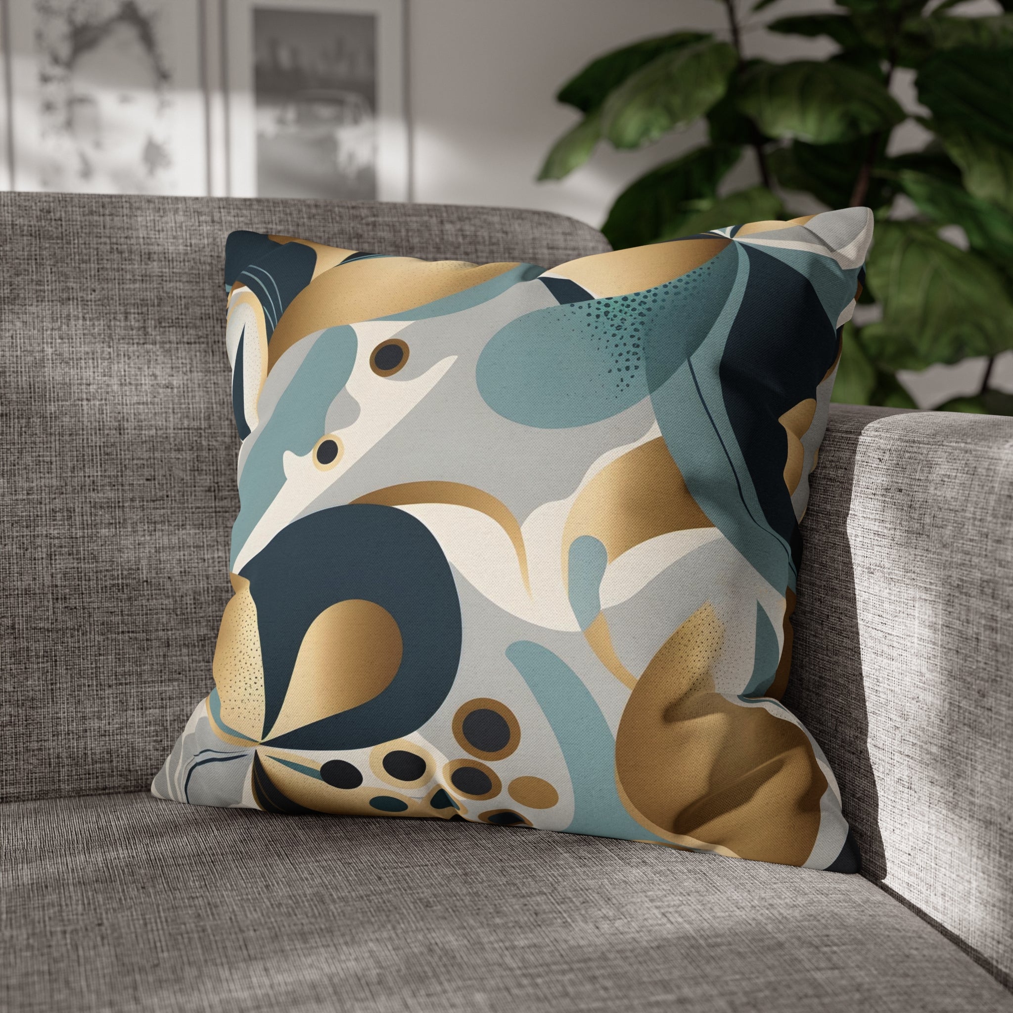 Abstract Boho Pillow Cover | Teal Navy Blue, Gold Beige