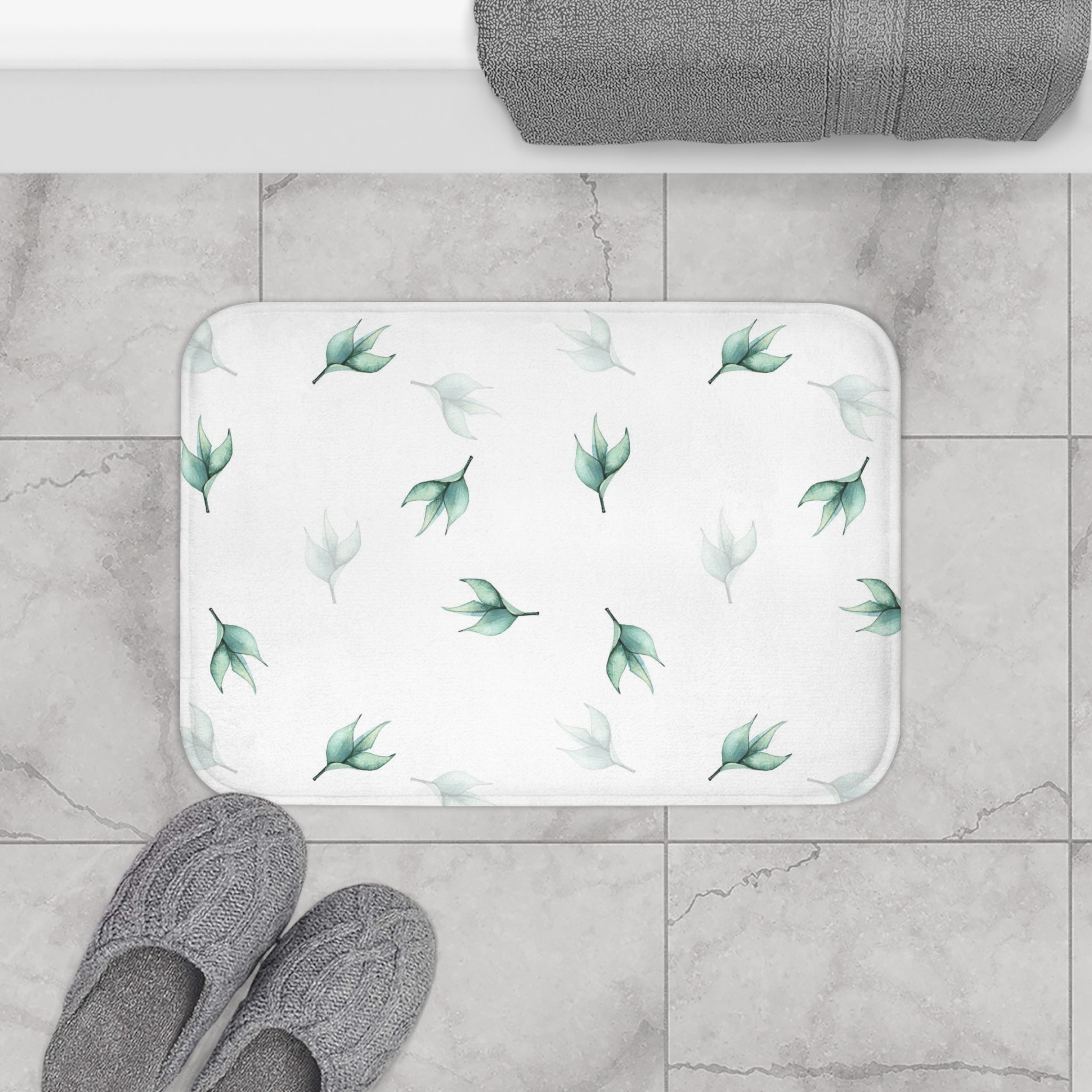 Floral Boho Bath, Kitchen Mat, Rug | Sage Green Leaves, White