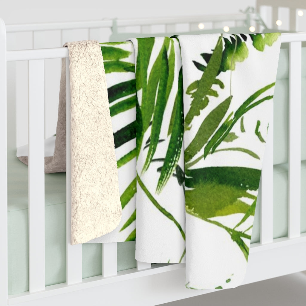 Floral Boho Comfy Blanket | White Green Tropical Leaves