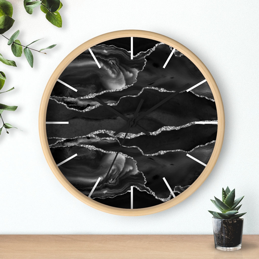 Marble Print, Wood, Wall Clock, Black Silver 10"