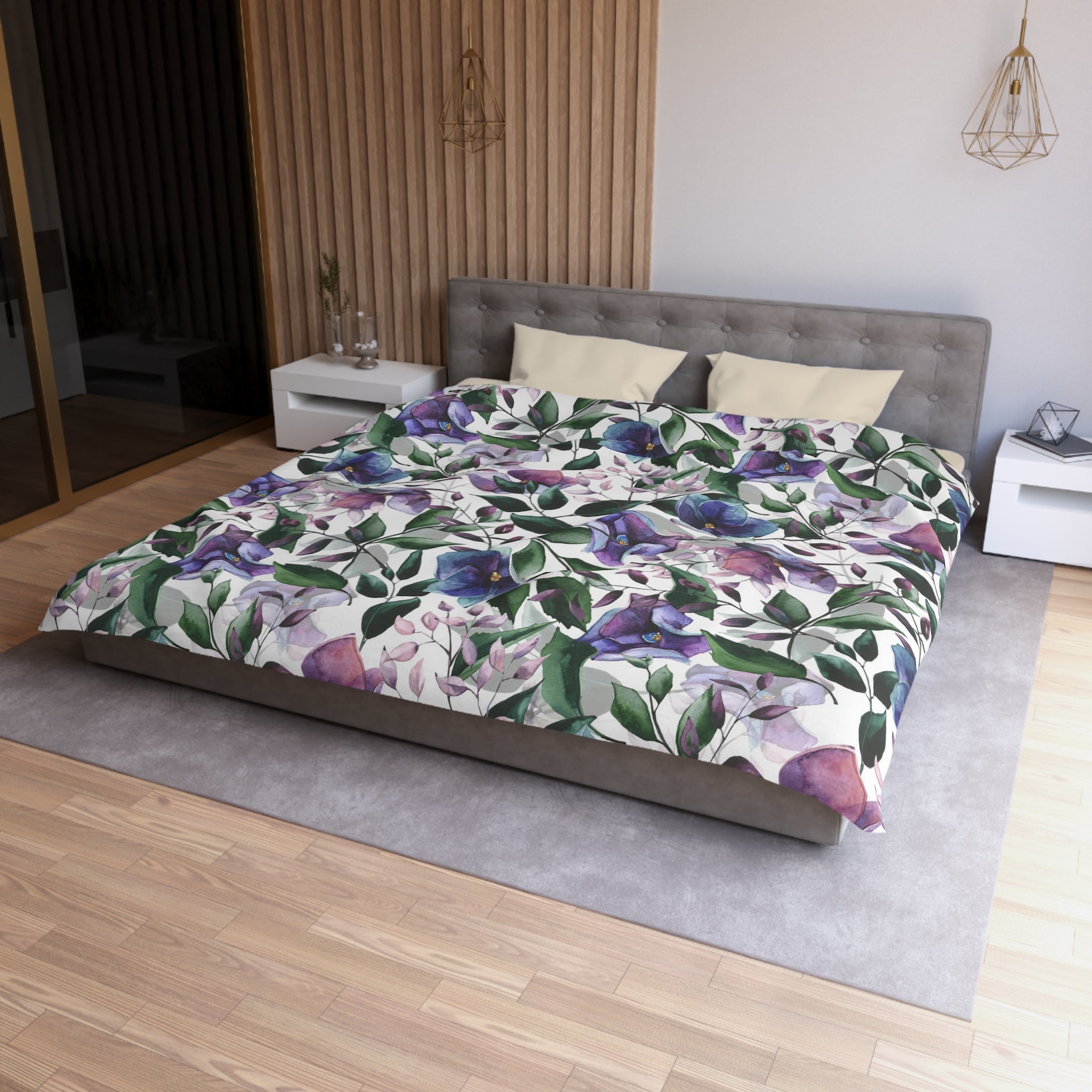 Floral Duvet Cover | White Purple Blue Green Jungle Flowers | Bedroom Decor