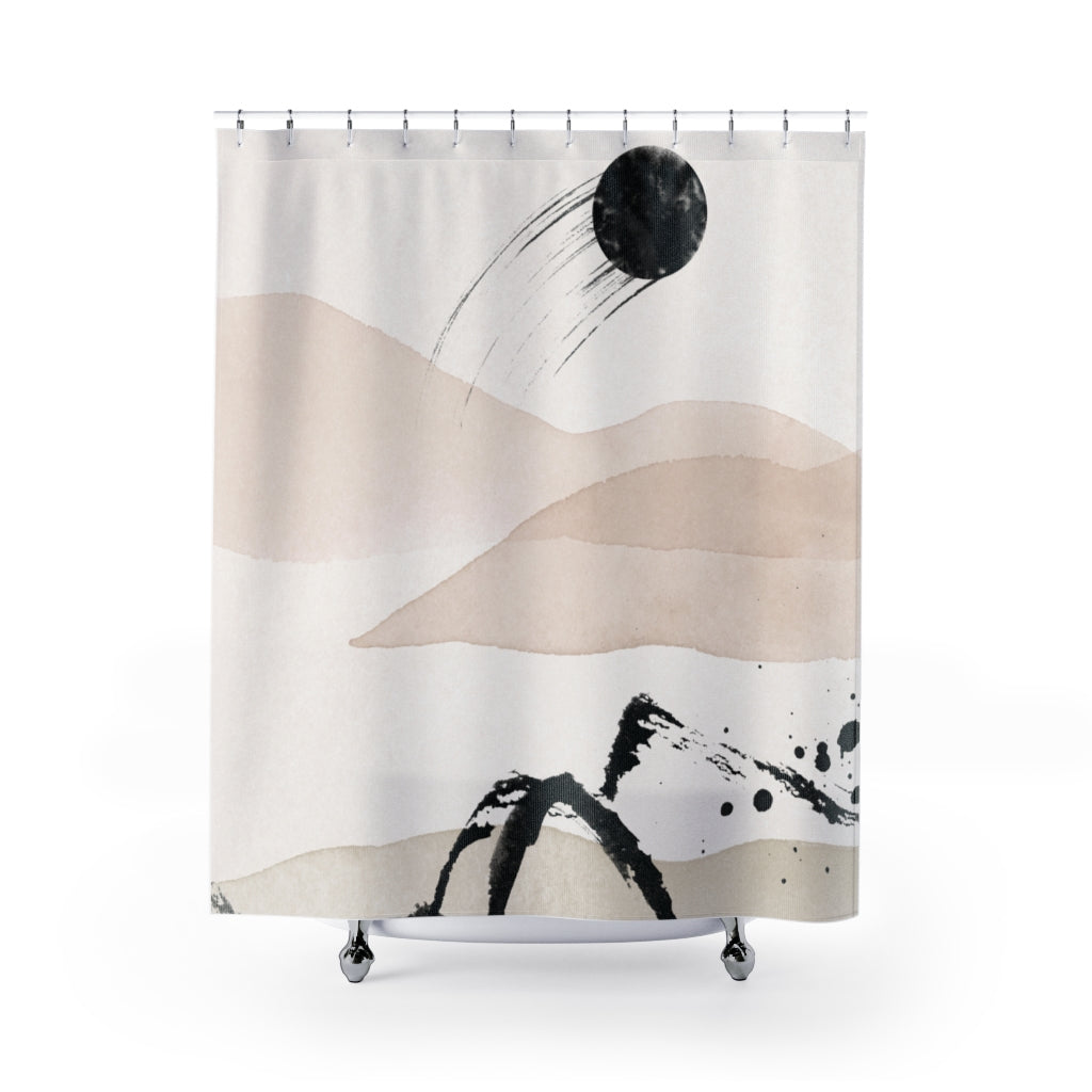 a shower curtain with a painting on it