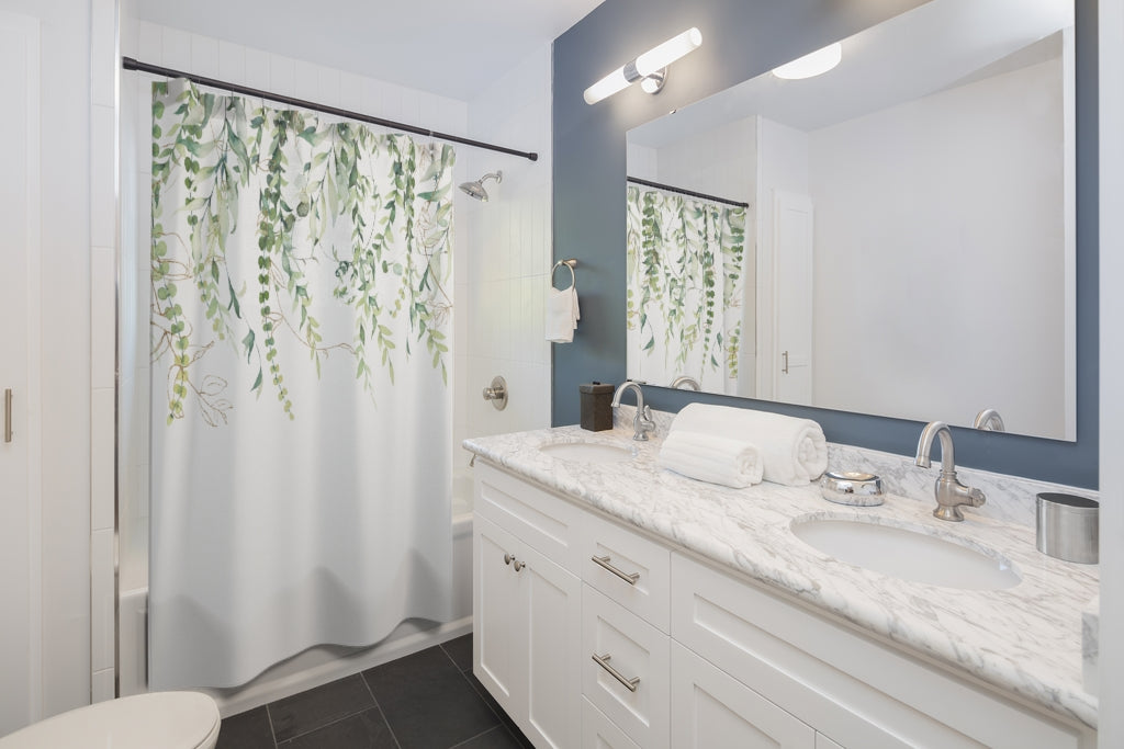 Floral Eucalyptus Shower Curtain | Green White