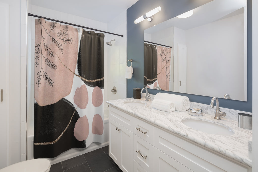 Abstract Boho Shower Curtain | Pink Black Gold | One Line Art