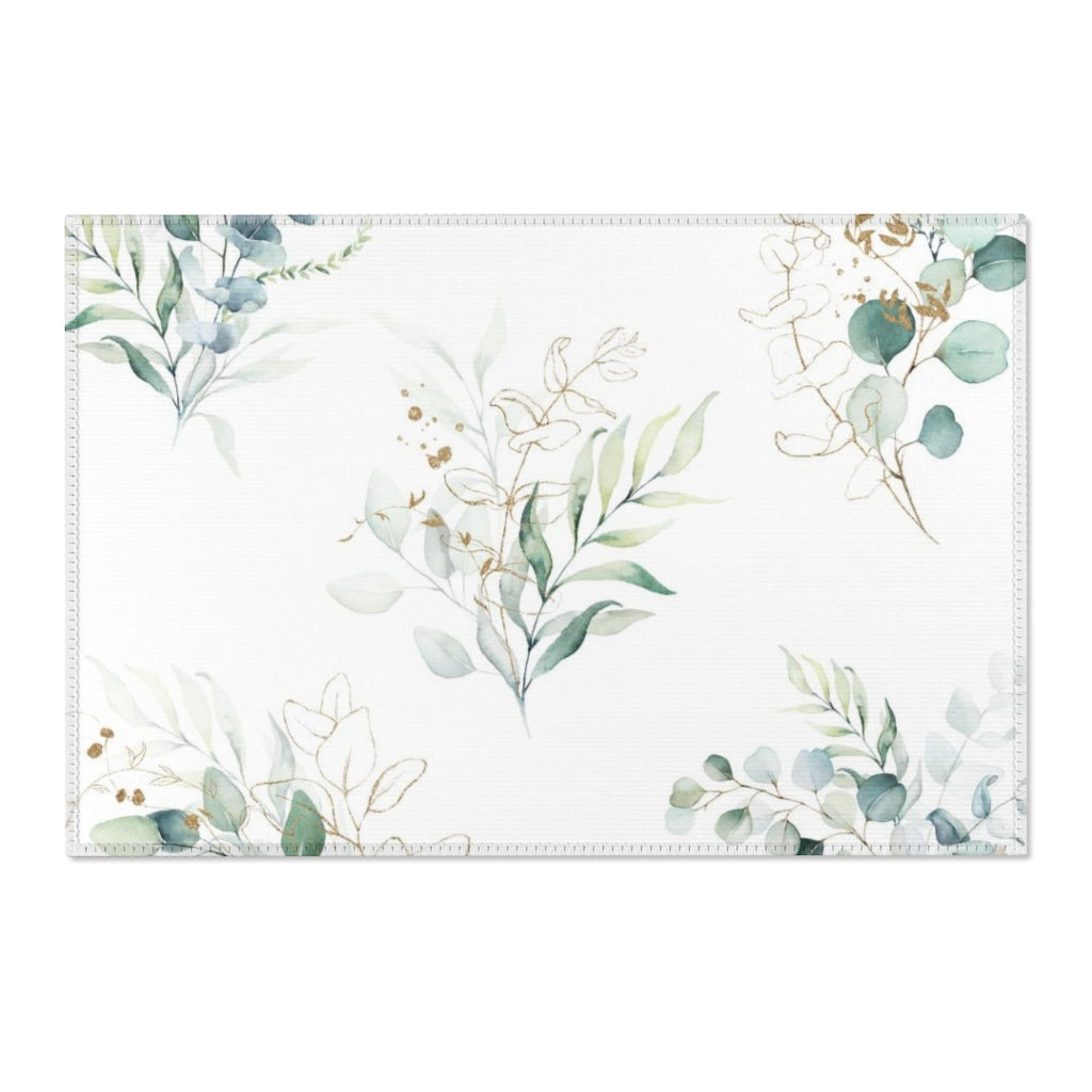 Boho Area Rug | Eucalyptus Green Watercolor Bouquetes
