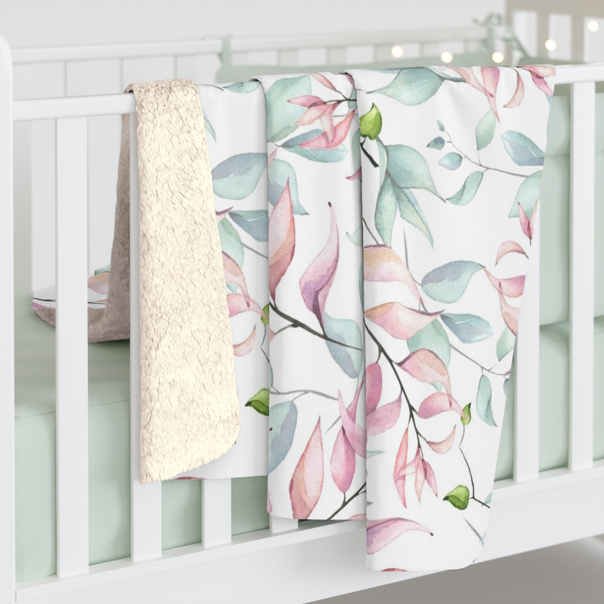 Floral Blanket | Pastel Pink Green White Leaves