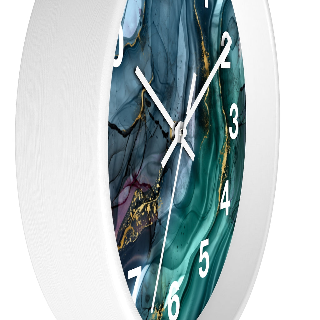Marble Print, Navy Blue Green, Wood Wall Clock 10"