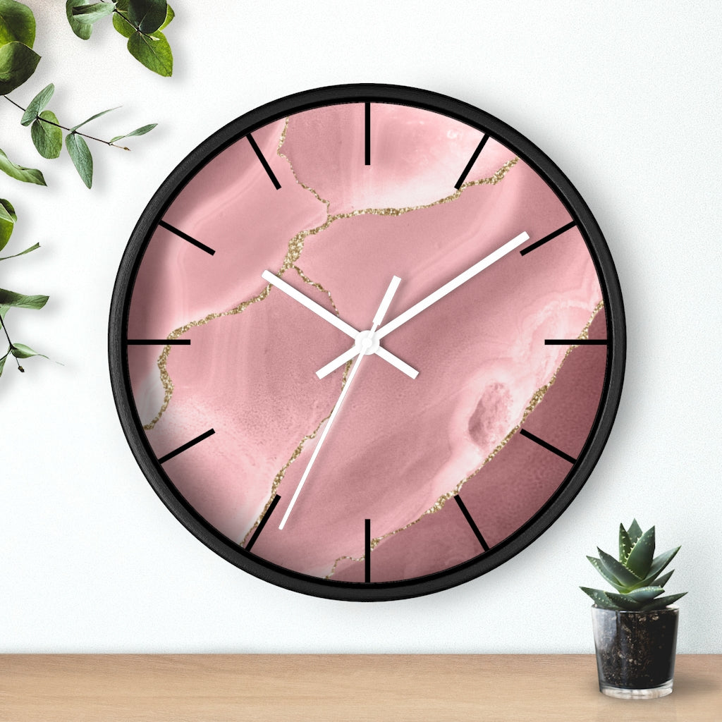 Marble Print, Wood, Wall Clock, Pink Gold 10"