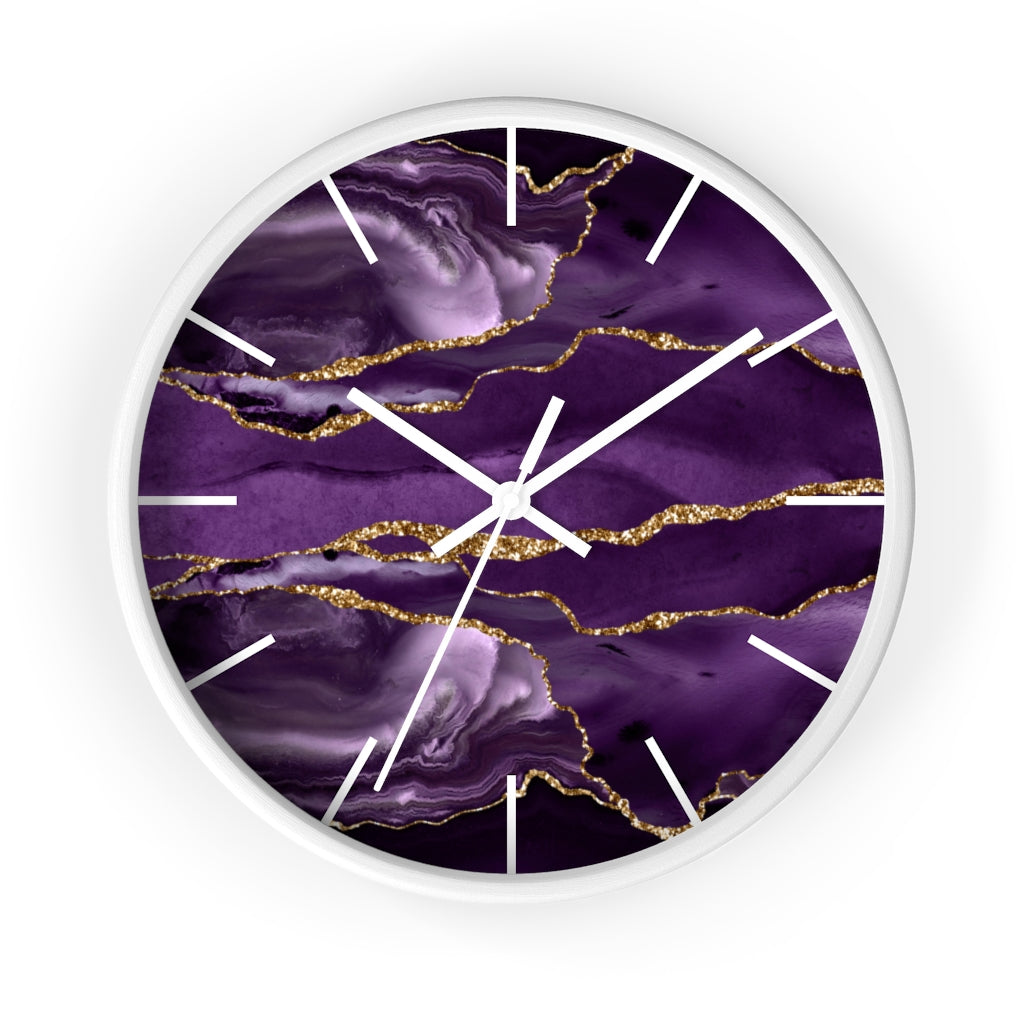 Marble Print, Wood, Wall Clock, Purple Gold 10"