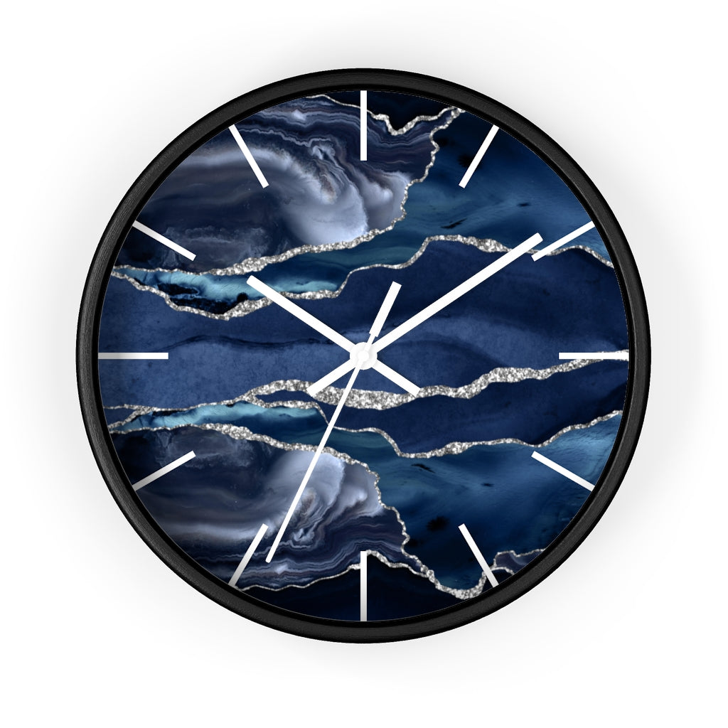 Marble Print, Navy Silver, Wood Wall Clock 10"