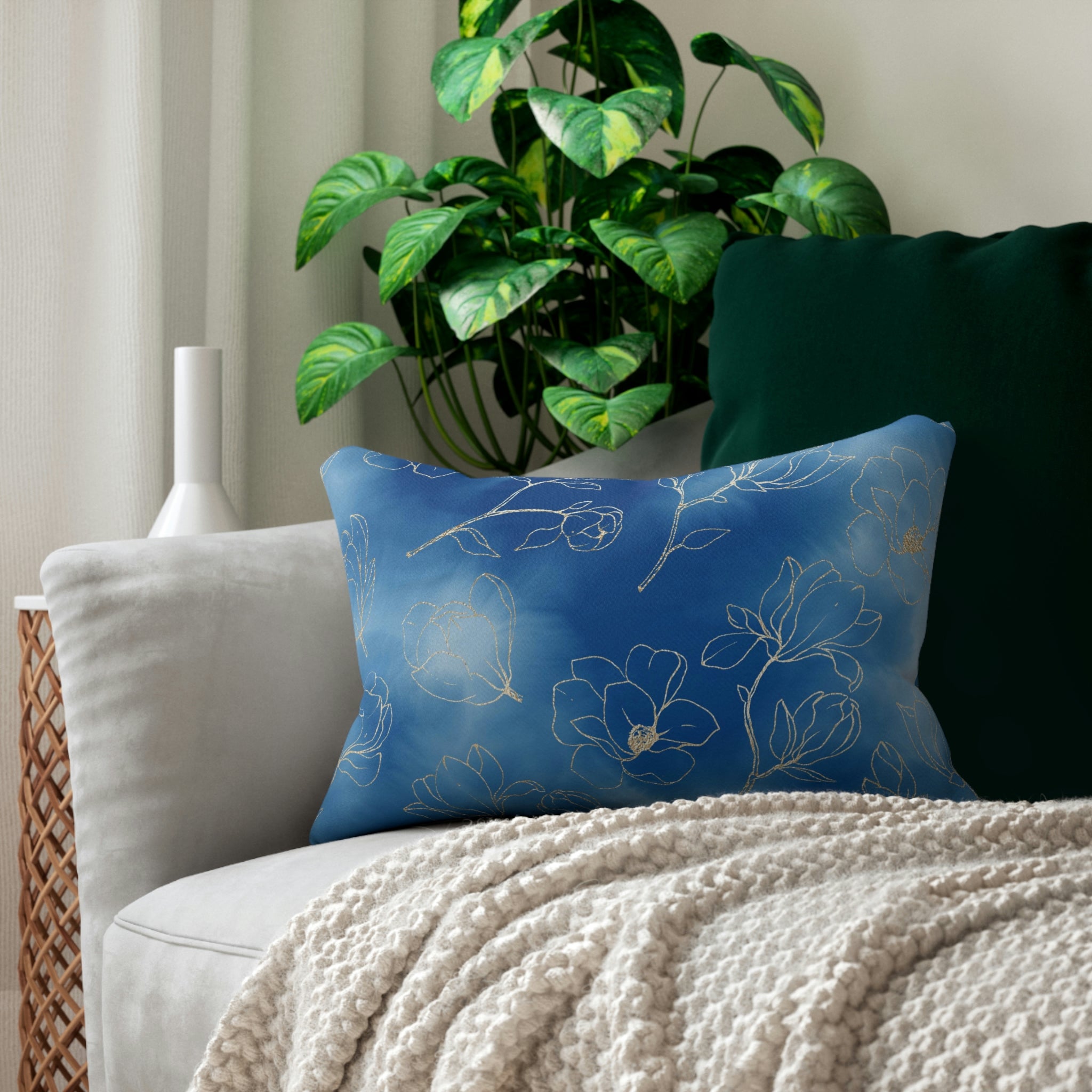 Boho Lumbar Pillow | Indigo Blue Beige Florals
