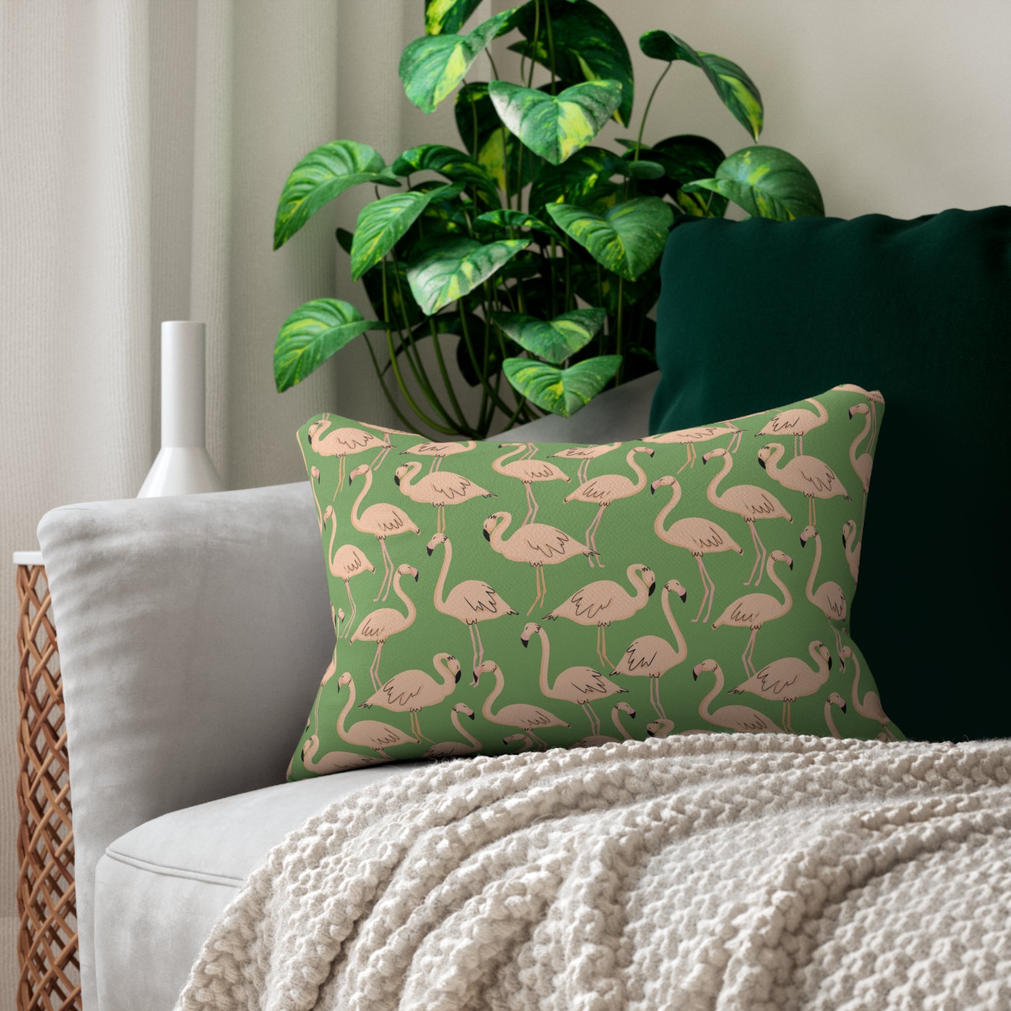 Boho Lumbar Pillow | Sage Green, Blush Pink Flamingo