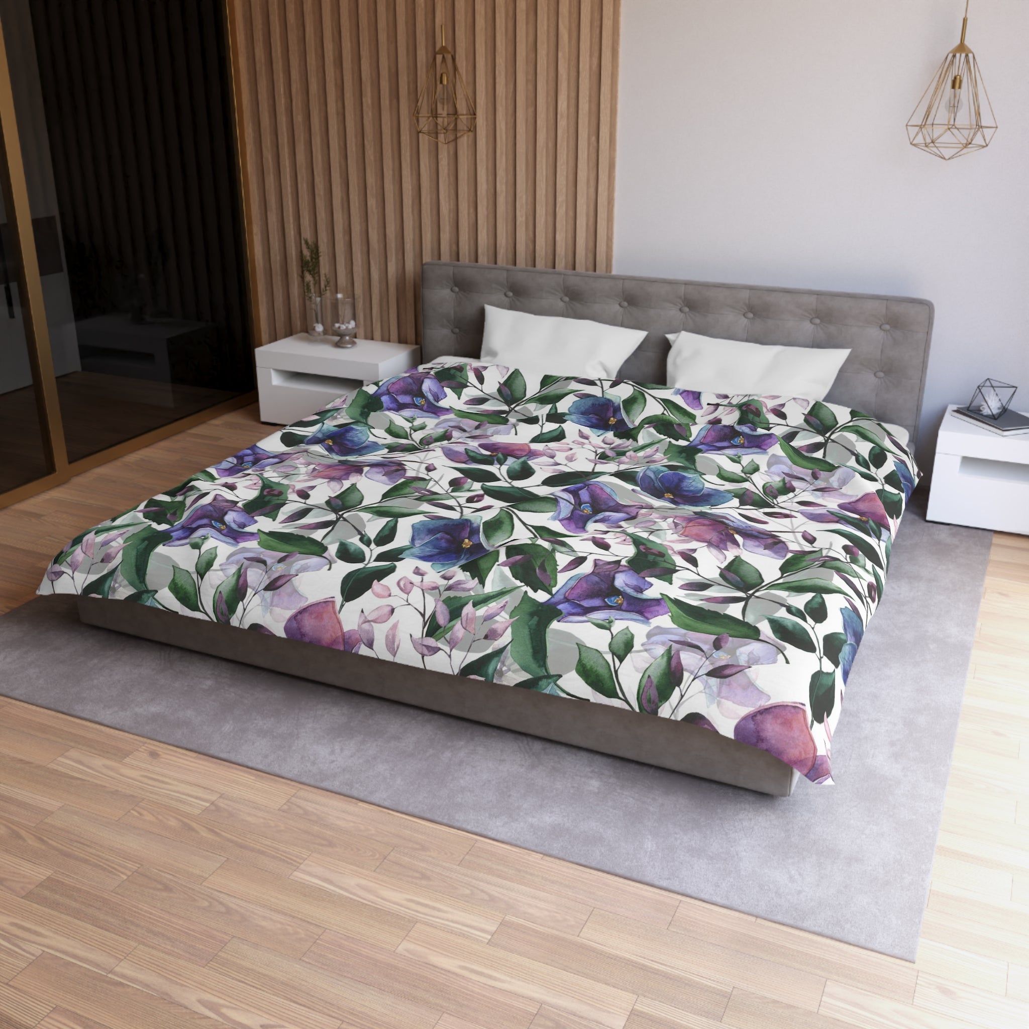 Floral Duvet Cover | White Purple Blue Green Jungle Flowers | Bedroom Decor