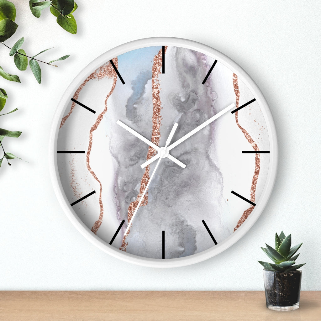 Marble Print, Wood, Wall Clock, Gray Gold 10"