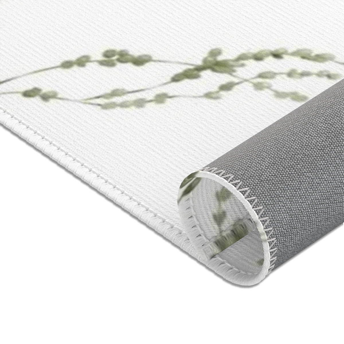 Floral Area Rug | White Delicate Green Leaves