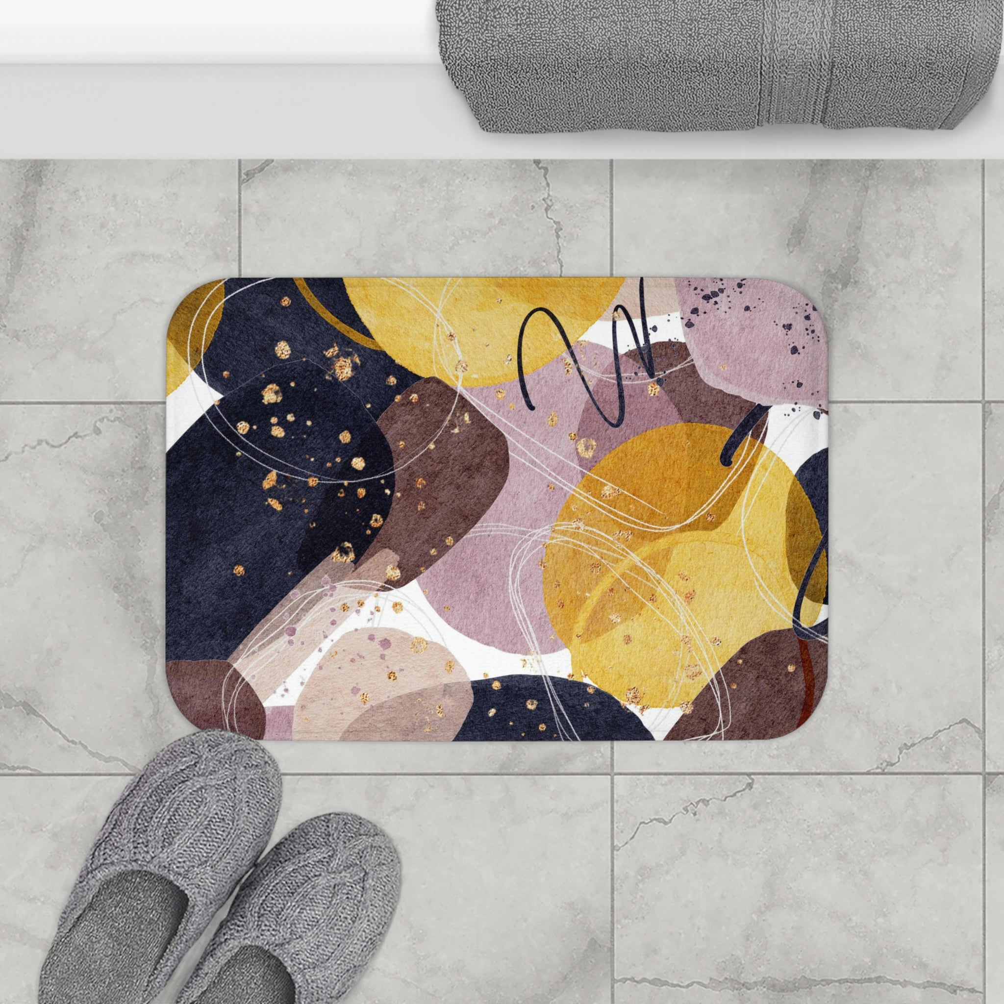 Boho Abstract Bath, Kitchen Mat | Navy Blue Yellow Purple
