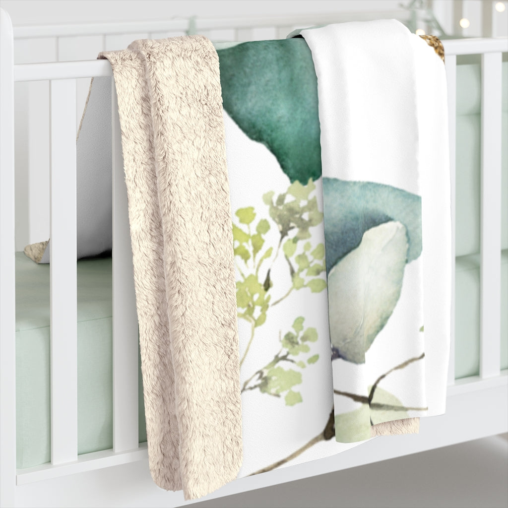 Eucalyptus Leaves, Green Gold White Floral Blanket,