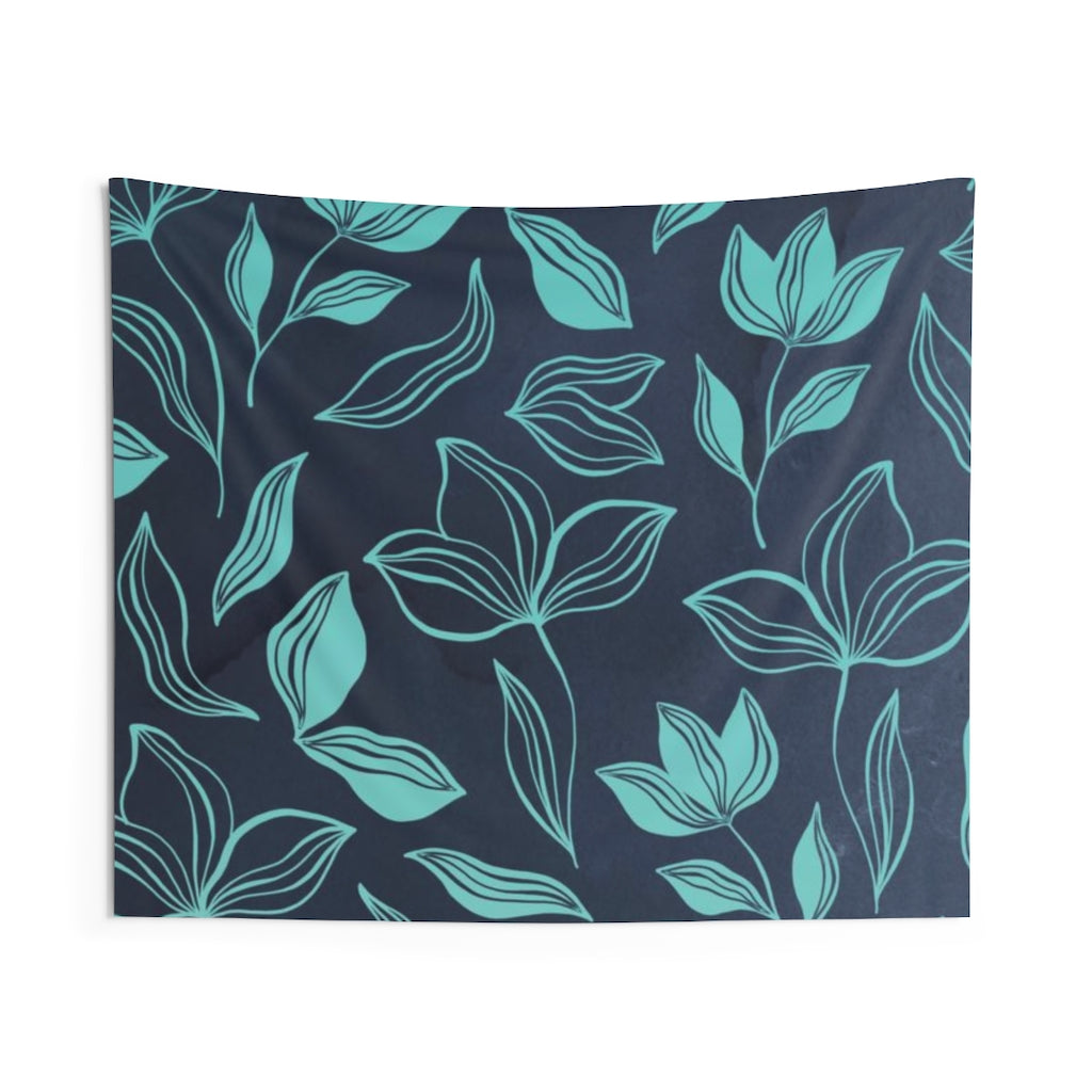 Floral Tapestry | Navy Blue Teal Leaves
