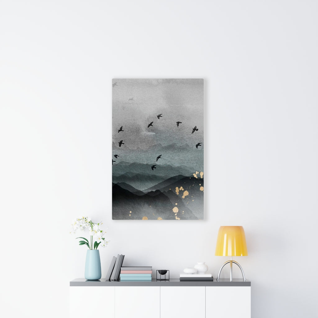 WHIMSICAL WALL CANVAS ART | Grey Blue Ombre Gold Birds