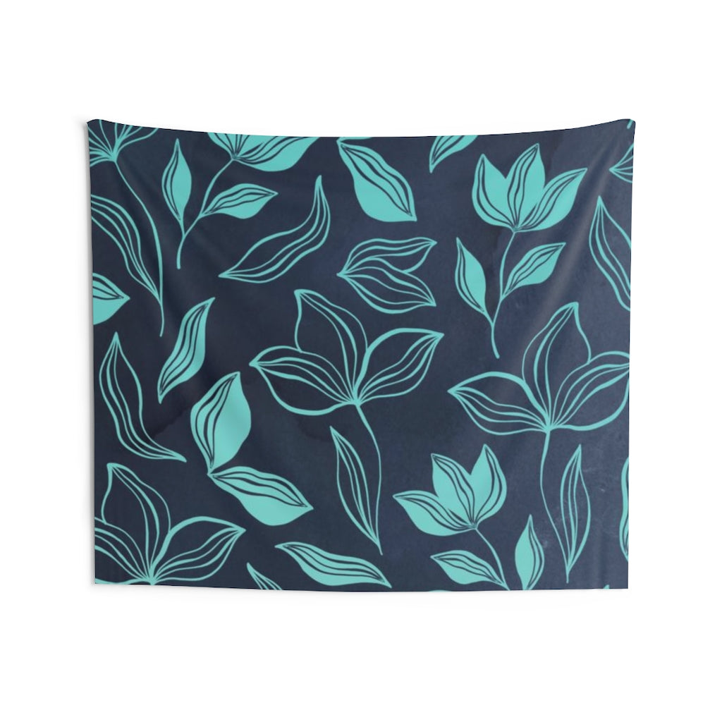 Floral Tapestry | Navy Blue Teal Leaves