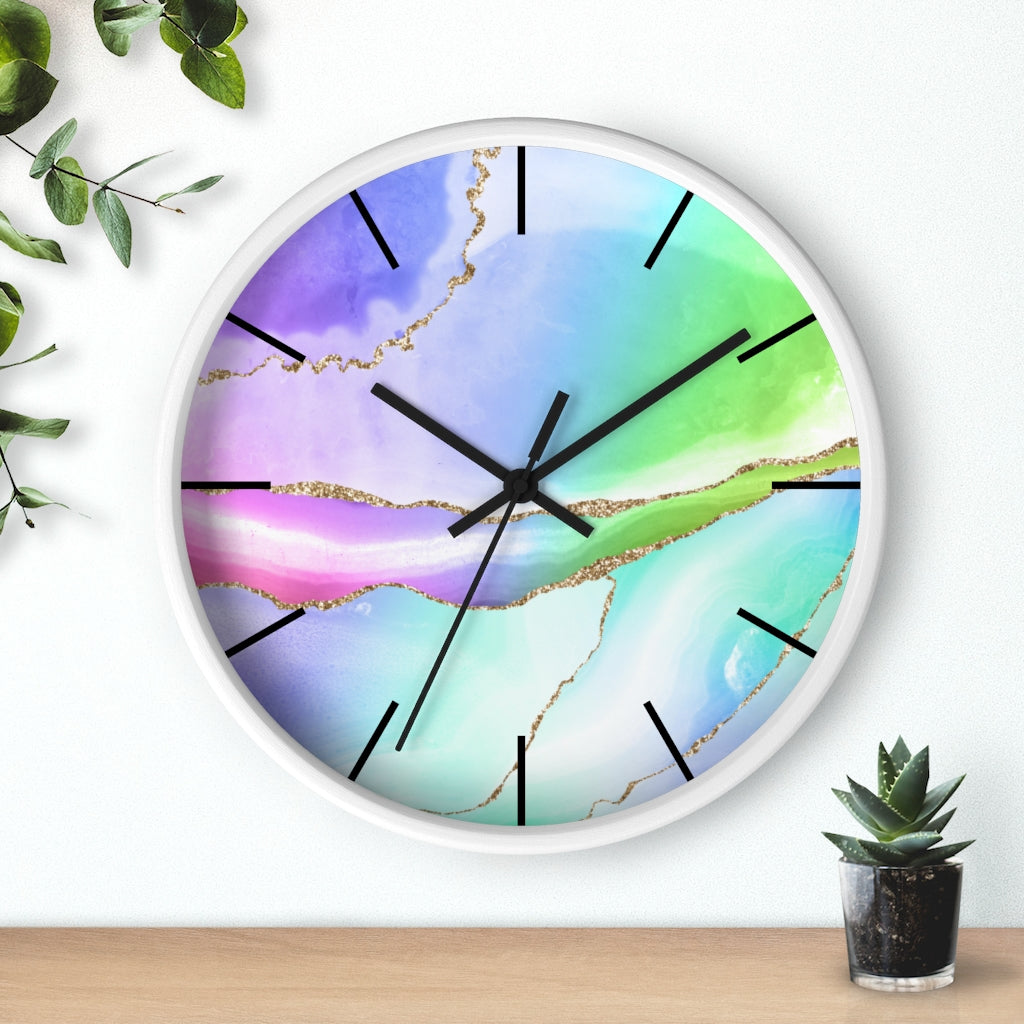 Marble Print, Wood, Wall Clock, Rainbow Colors 10"