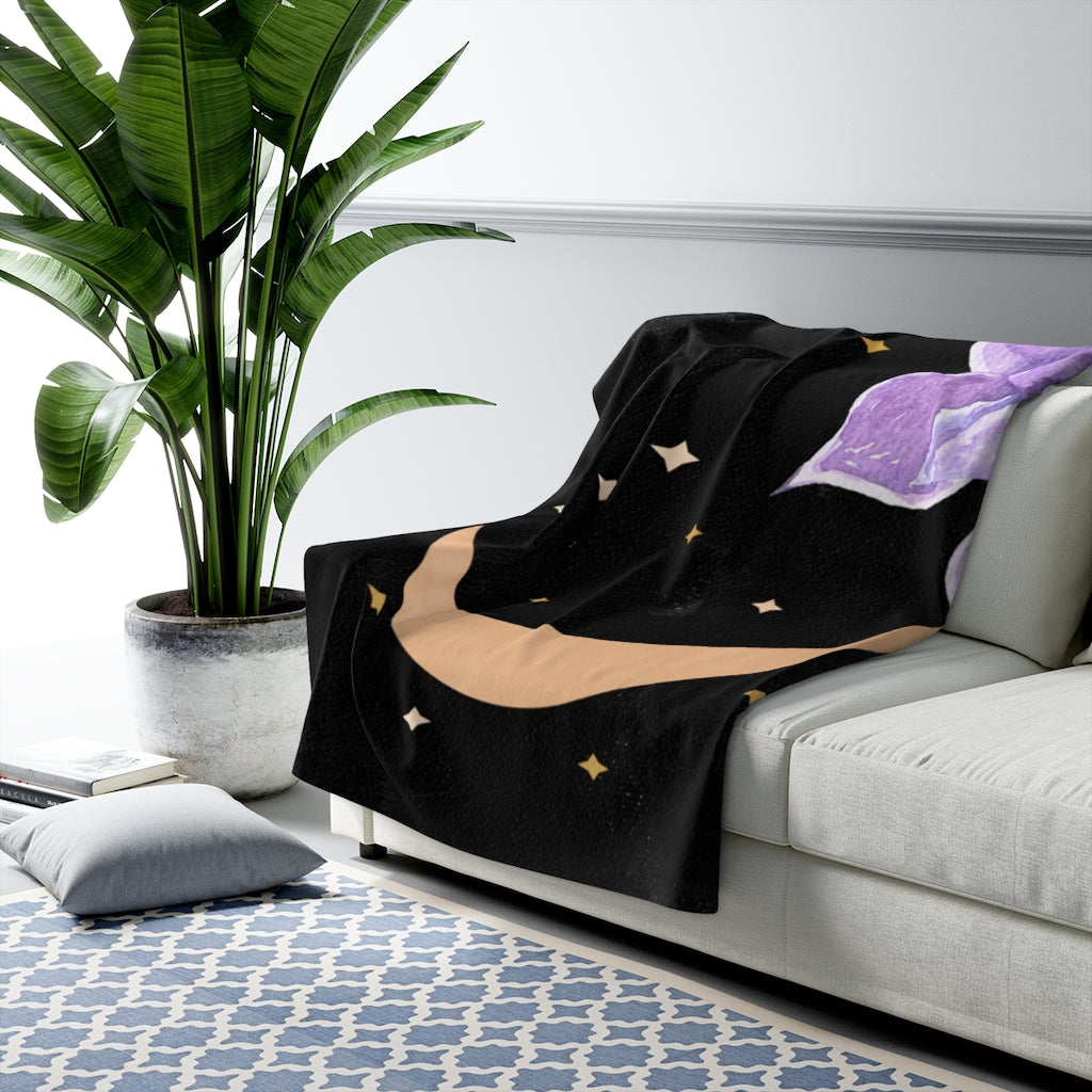 Black Gold Moon Stars, Celestial Cosmic, Lavender, Abstract Blanket
