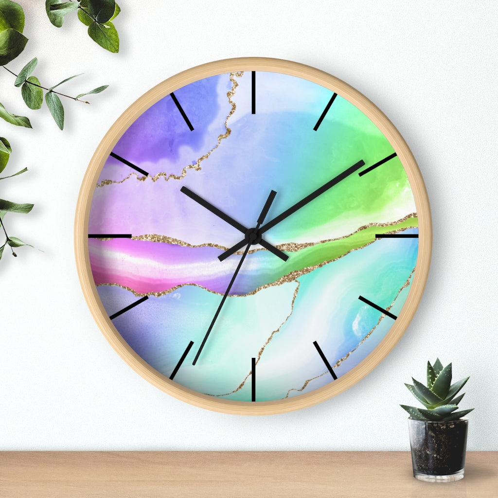 Marble Print, Wood, Wall Clock, Rainbow Colors 10"