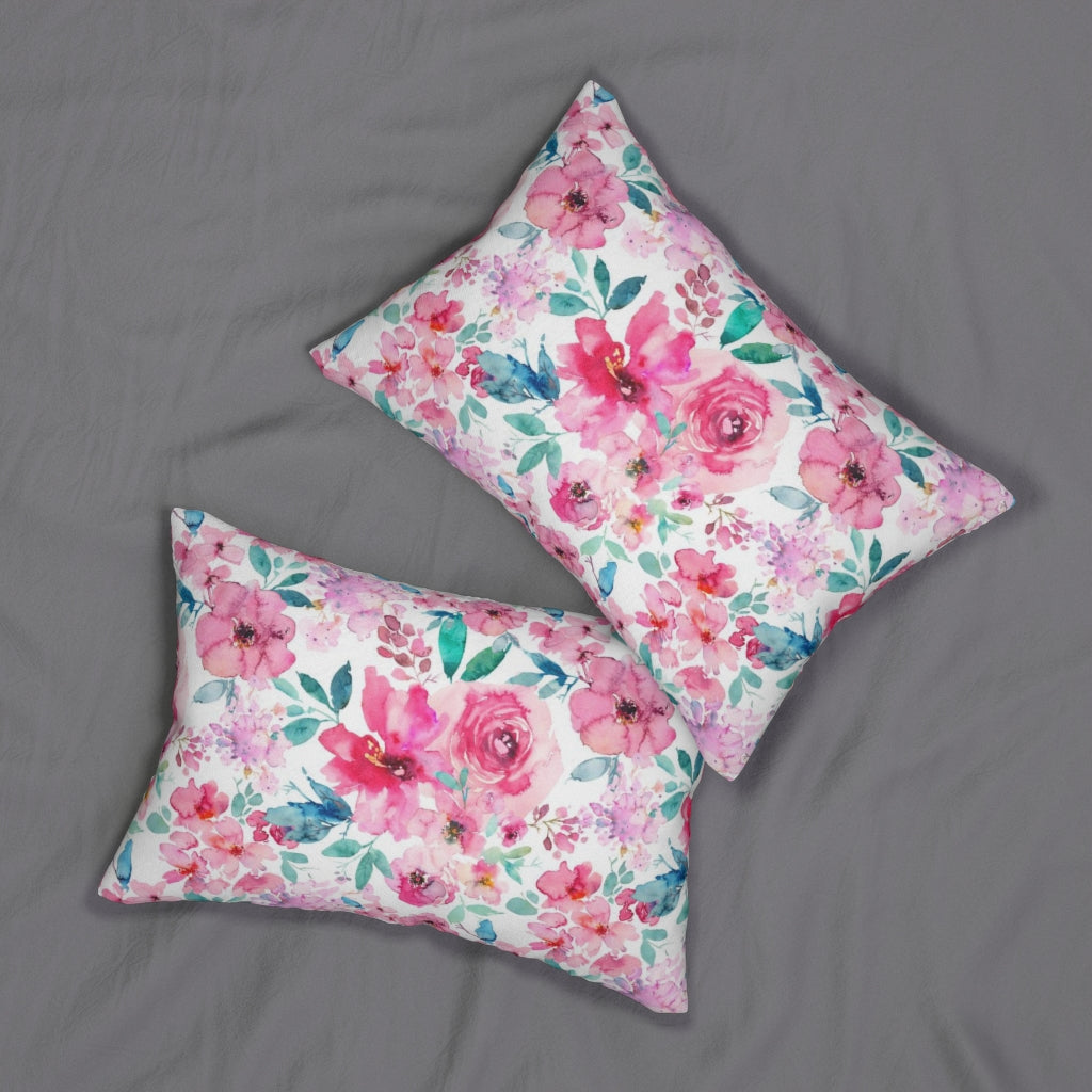 Floral Boho Lumbar Pillow | Pastel Pink Teal Roses