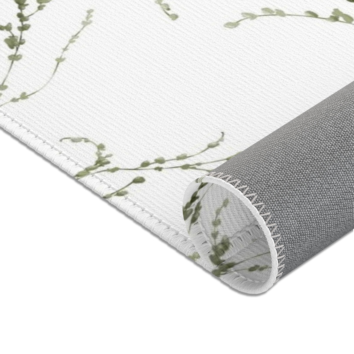 Floral Area Rug | White Delicate Green Leaves